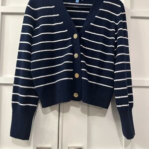 Classic nautical varsity Navy and White Striped V-Neck Button Cardigan Sweater